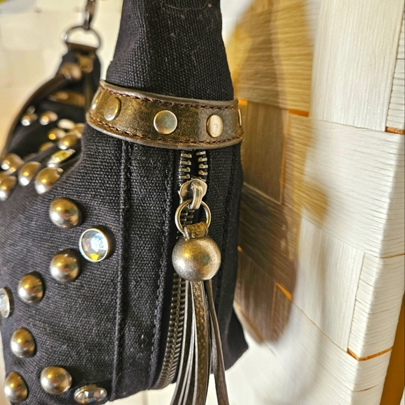 Steve Madden Black Cotton Hobo Style Shoulder Bag Embellished - Picture 5 of 8